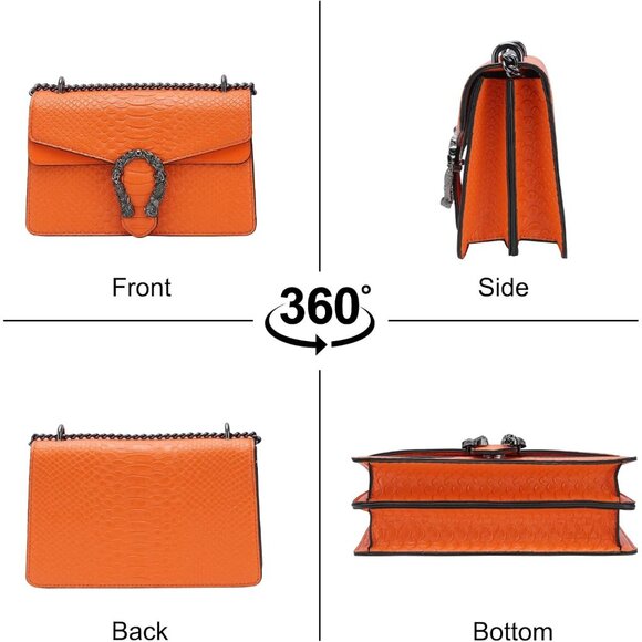 ⚡ Women's Orange Snake Vegan Leather Print Casual Satchel Crossbody Handbag - Picture 6 of 7